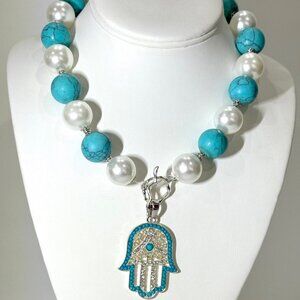 Howlite / Large Glass pearl necklace/Earrings set  with Large Hand Pendant,